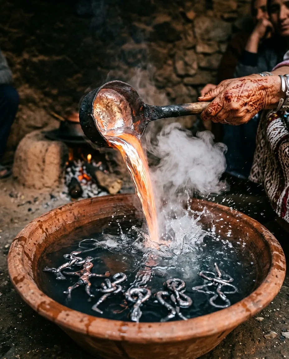 Tasdir kabyle en action : plomb fondu coulé dans une vasque d'eau froide, rituel berbère ancestral de désenvoûtement amoureux