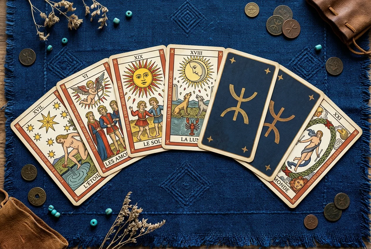 Cartes de voyance kabyle étalées en éventail avec symboles berbères Yaz, prêtes pour une lecture amour