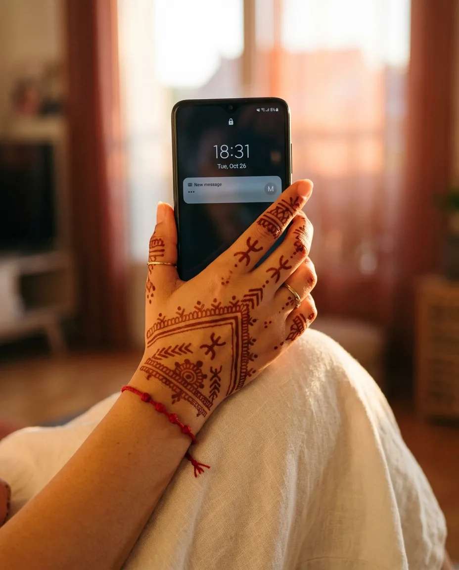Femme kabyle reçoit un message de l'être aimé après le rituel de retour affectif, signe que la baraka travaille